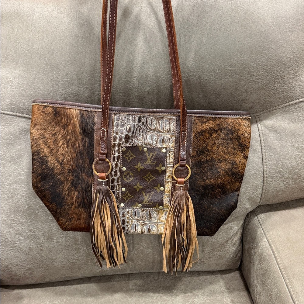 Cowhide and Leather Brown Designer Tote Bag with Tassels